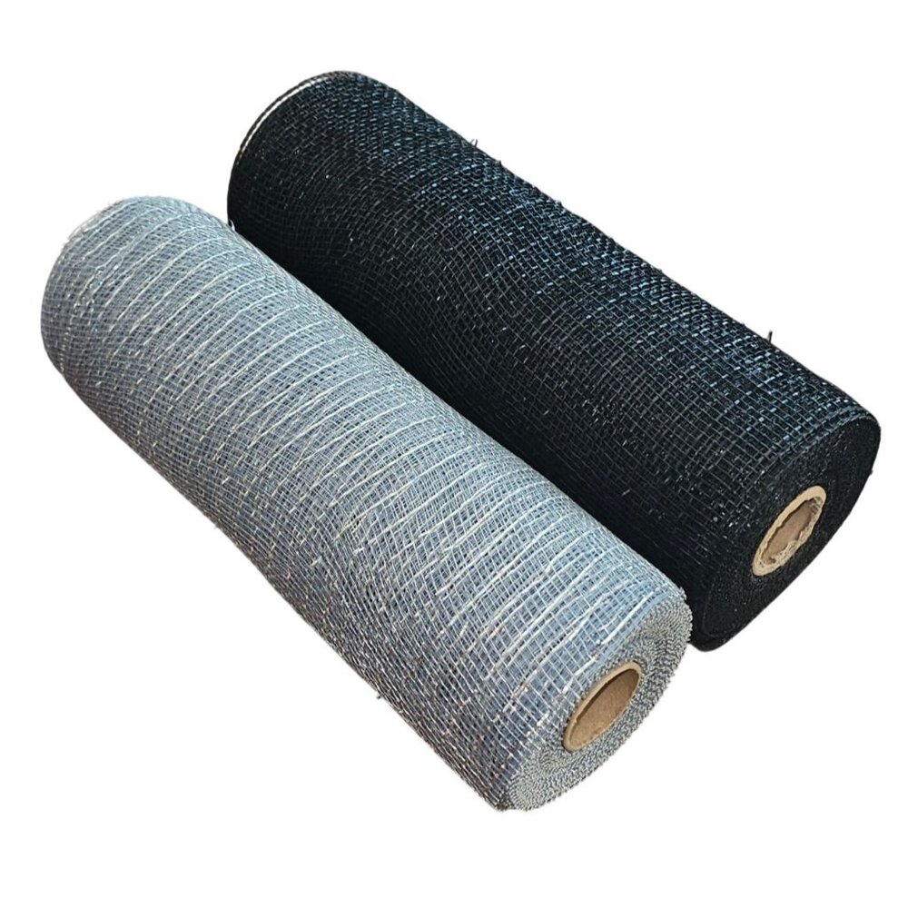 Silver and Black 10" Decorative Metallic Deco Mesh Ribbon Rolls